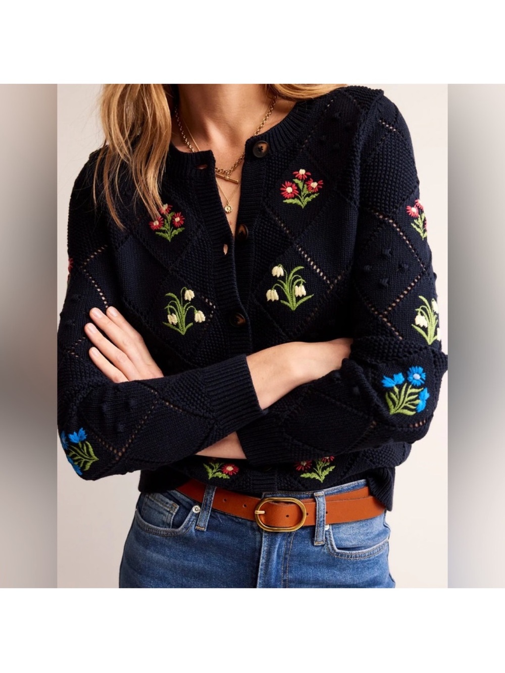 Boden Floral Embroidered Cardigan Sweater Cotton Navy Cottage Romantic Size M